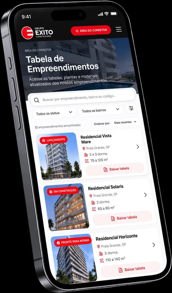 Tabela de empreendimentos para corretores da Êxito no celular