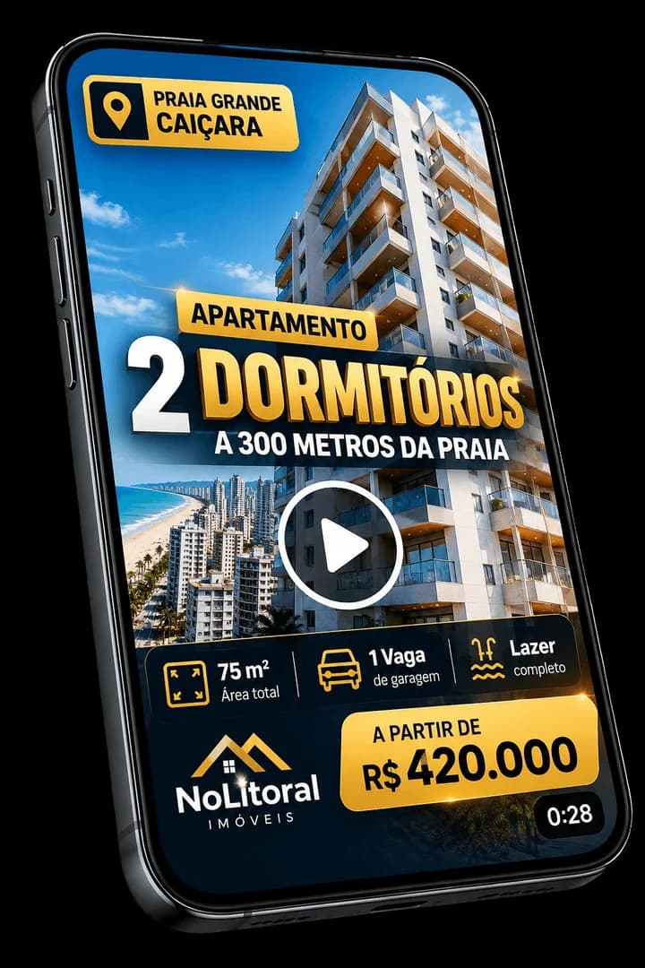 Exemplo de thumb de vídeo no formato 9:16, apartamento de 2 dormitórios no Caiçara, Praia Grande